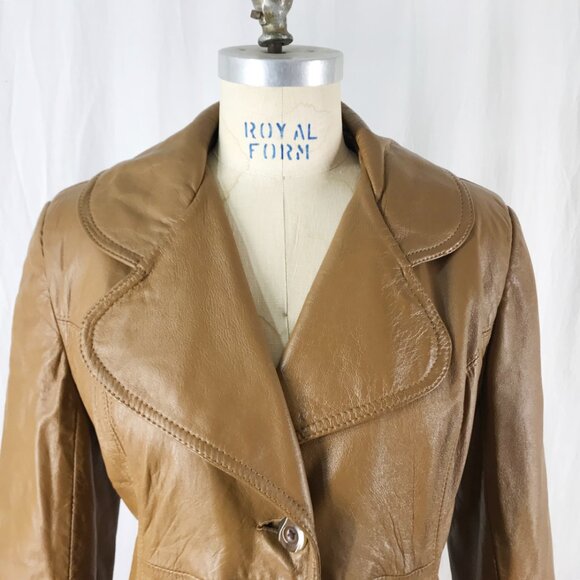 Vintage 70s Leather Jacket Brown Knee length Big Lapel - Picture 3 of 9